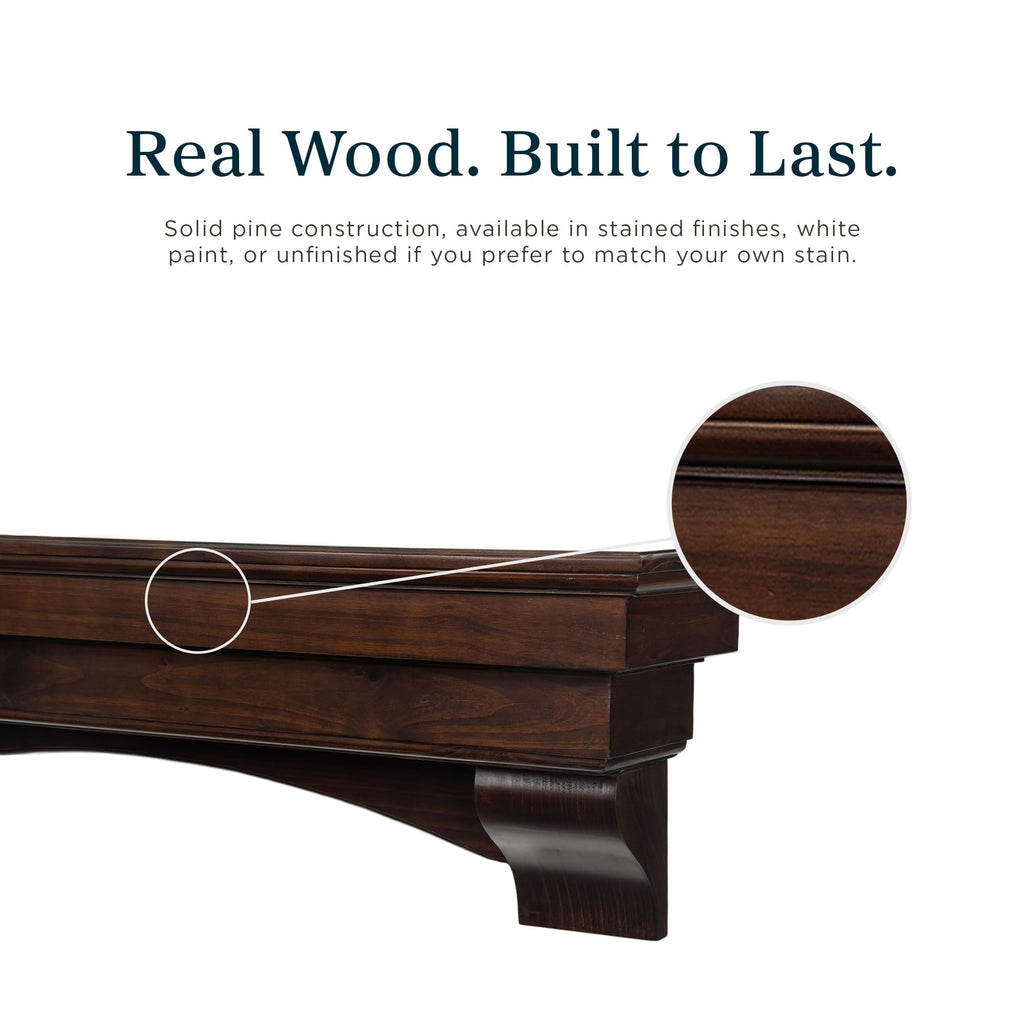 Salem Wood Mantel Shelf with Arched Corbels - Cinnamon 60 Inch | Wooden Rustic Wall Mounted Shelf from Pine Wood
