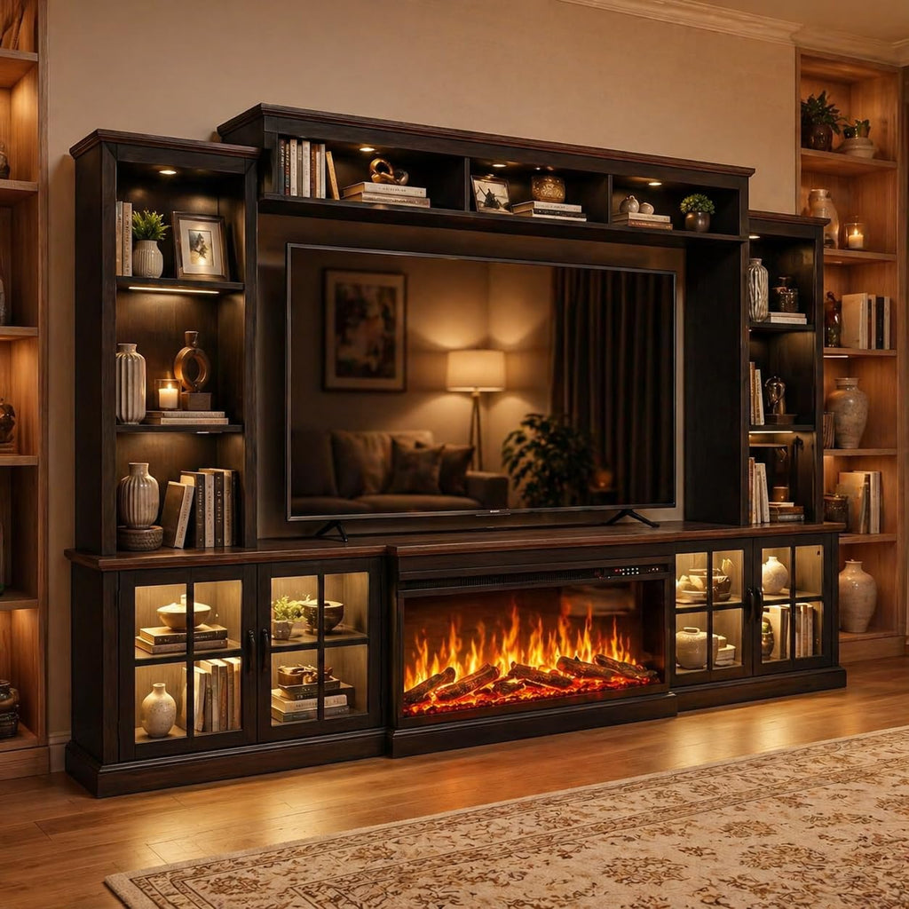 Black Farmhouse TV Stand with Fireplace, Entertainment Center, 98" Wall Unit Media Console with Bookshelf, Cabinet &