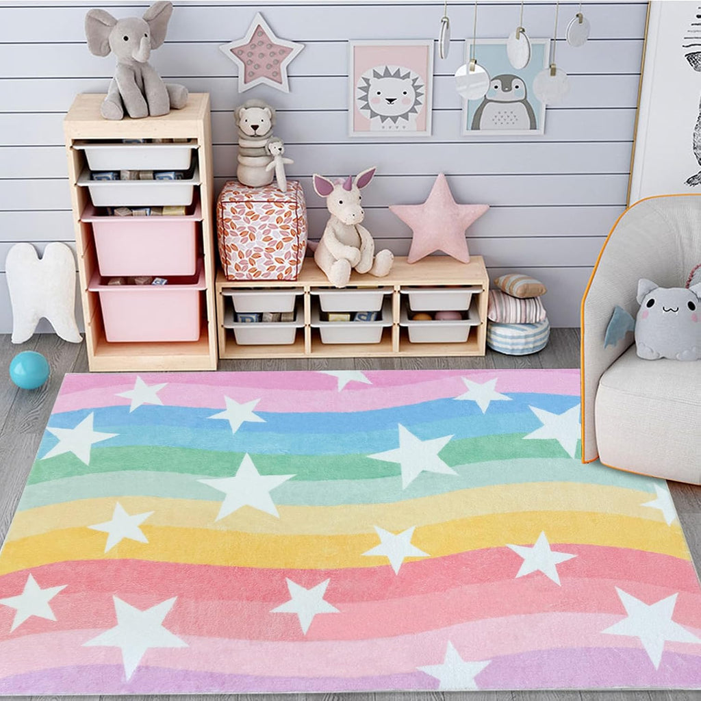 Kids Rug Rainbow Stripes Stars Carpet for Boys Girls Bedroom