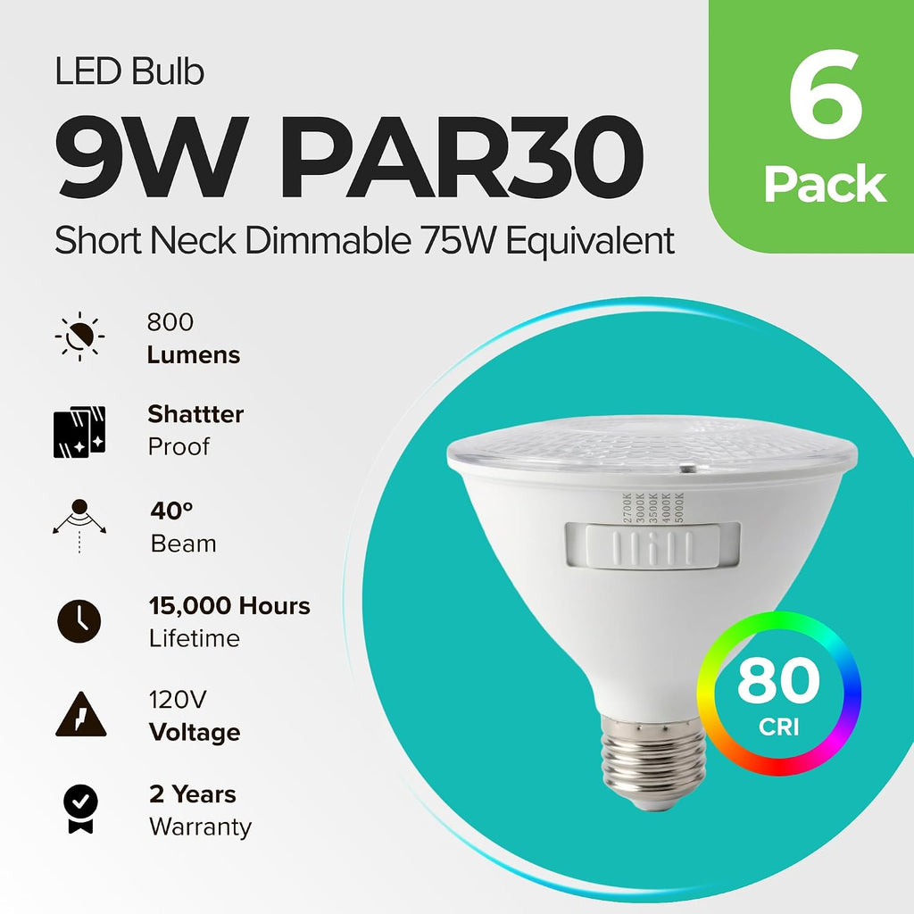 PAR30 LED Light Bulbs, 9W (75W Eqv), Dim. (2700K-5000K) - 6 Pack