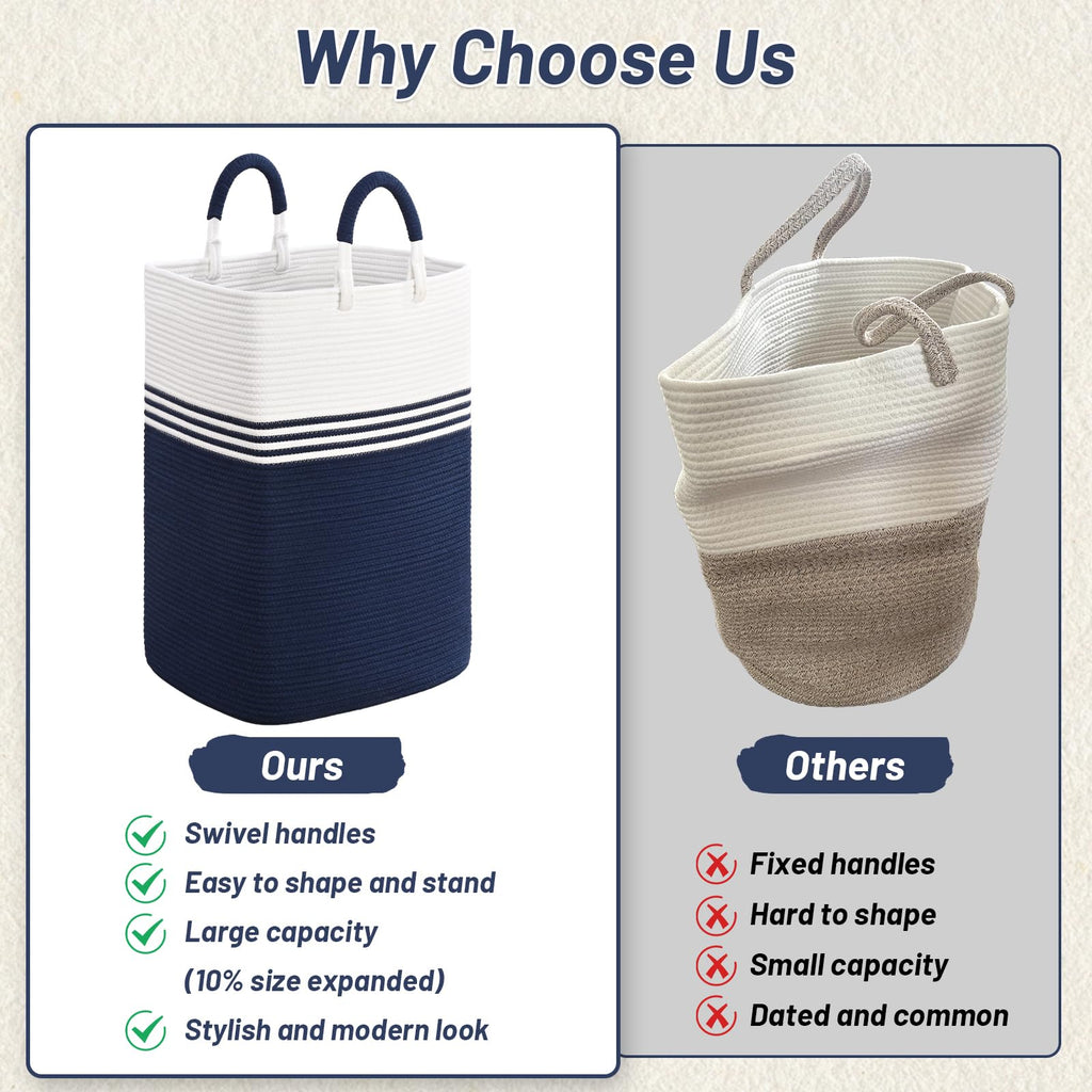 Laundry Basket Hamper, Blanket Storage, Dirty Clothes Hamper with Swivel Handles, Woven Cotton Rope Toy Baskets, Blanket