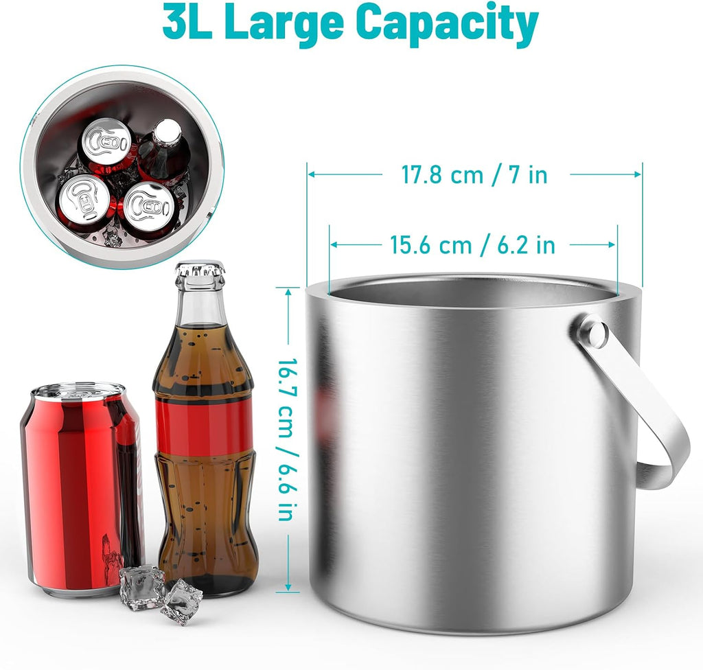 3L Stainless Steel Ice Bucket, Double Wall Insulated Ice Bucket with Lid, Drain Plate, Scoop, Tong for Parties
