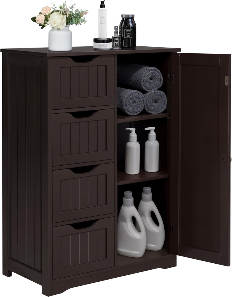 Small Bathroom Storage Cabinet with 4 Drawers & Door, Espresso | Floor Cabinet Organizer , 3-Position Adjustable