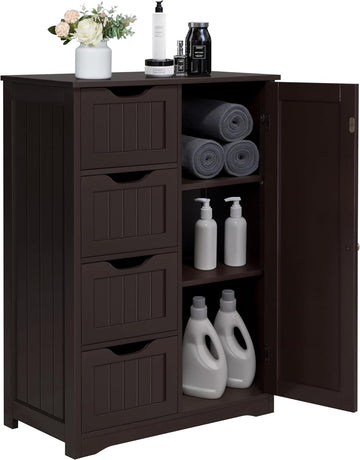 Small Bathroom Storage Cabinet with 4 Drawers & Door, Espresso | Floor Cabinet Organizer , 3-Position Adjustable