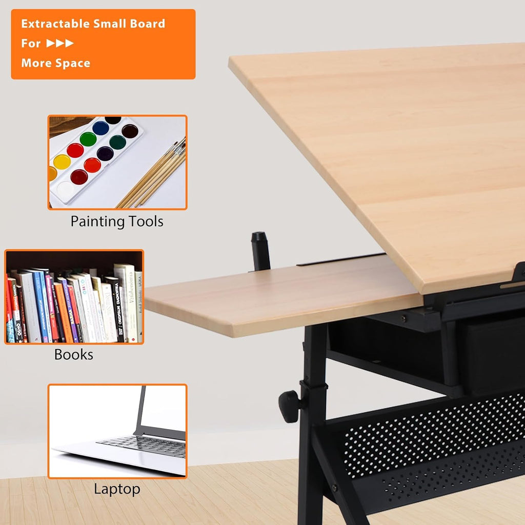Drafting Table Drawing Desk Art&Craft Work Station Height Adjustable Tilting Tabletop Craft Table Desk w/Stool and 2