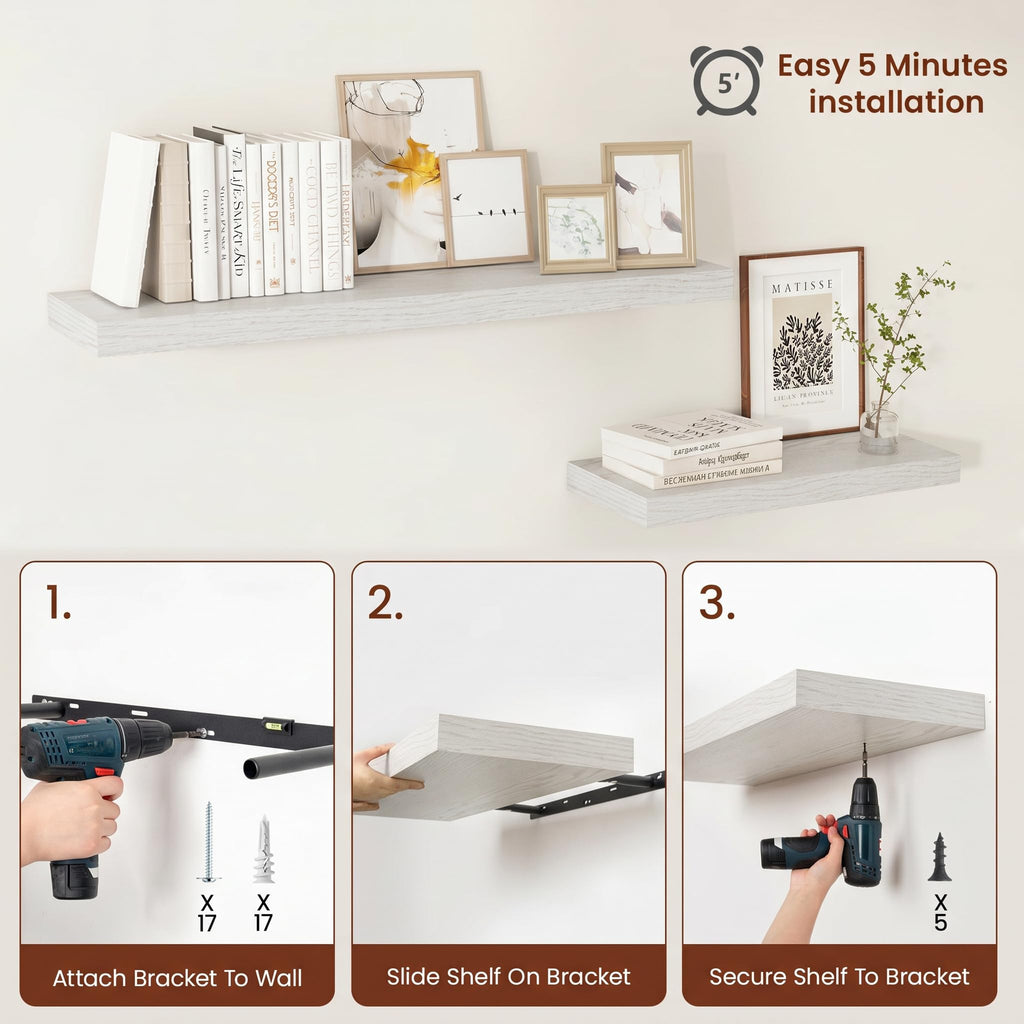 Deep Floating Shelves 40x12" Set of 2, White Birch