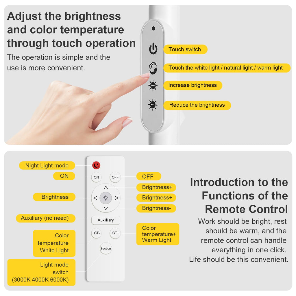Bright LED Eye-Protecting Reading Floor Lamps with Touch and Remote Dimming 3000-6000k for Eyelash Manicure Craft