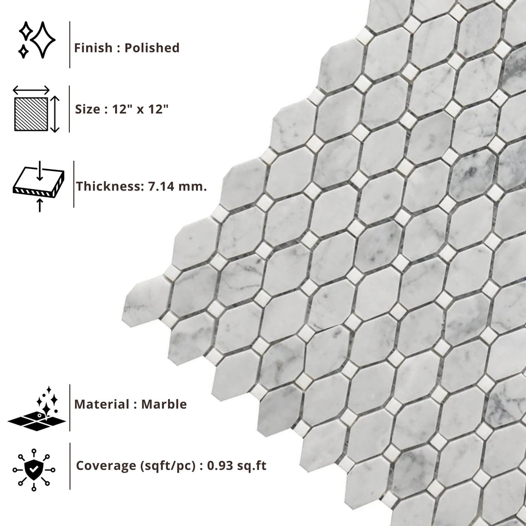 Carrara White Marble Small Rhombus Mosaic Tile - 12x12 Inch Mesh-Mounted Sheet - Natural Marble Geometric Mosaic for