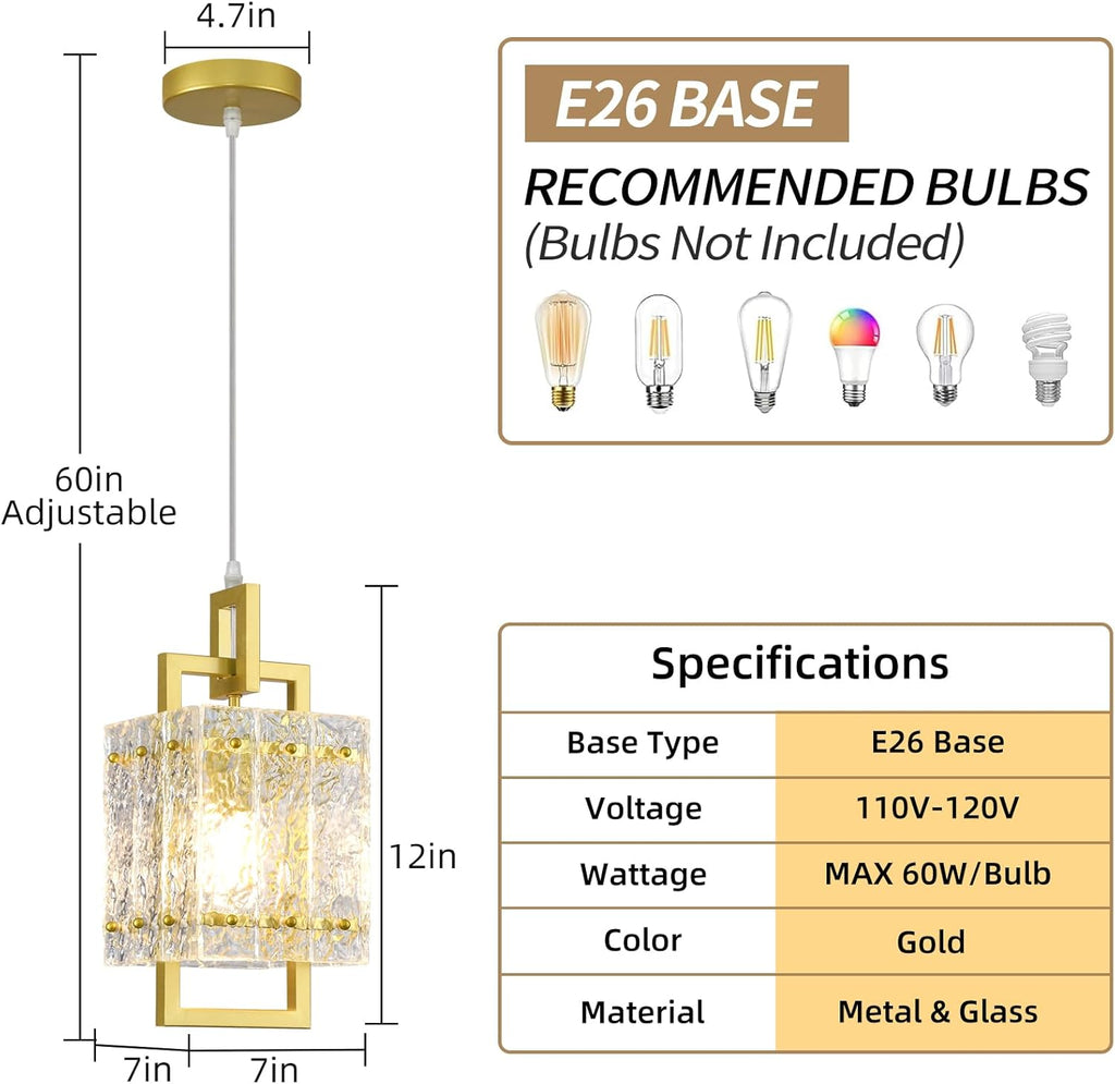 Gold Pendant Light Fixture - Modern Kitchen Island Water Ripple Glass Square Light - Adjustable Hanging Lighting for
