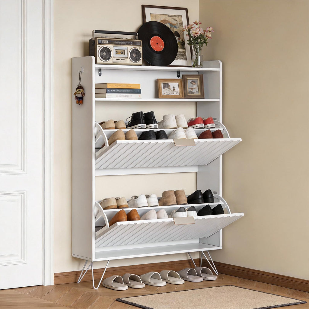 White Slim Shoe Storage Cabinet, Entryway Shoe Organizer