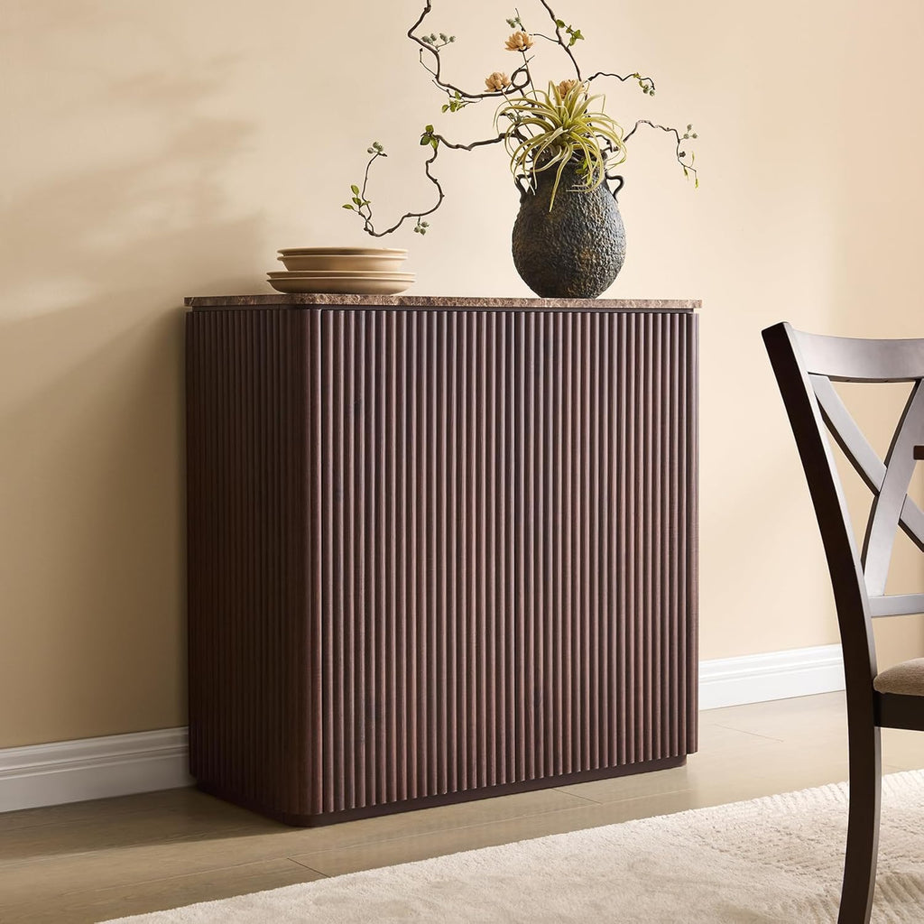 34" Fluted Sideboard Cabinet with Storage, Modern Buffet Cabinet, Dark Oak | 2 Doors Coffee Bar Cabinet with Shelves
