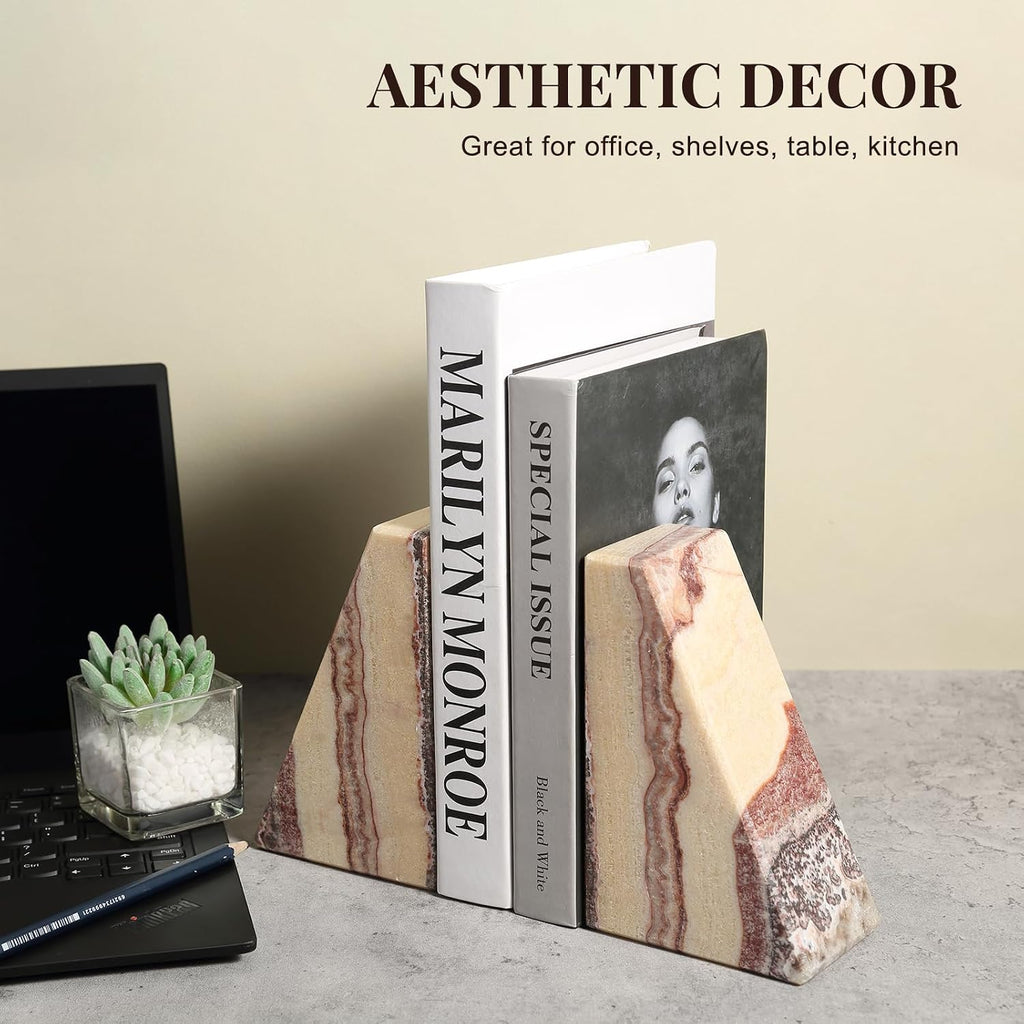 Natural Onyx Bookends for Shelves, Decorative Bookends for Heavy Books, Non-Slip Heavy Duty Book Stopper for