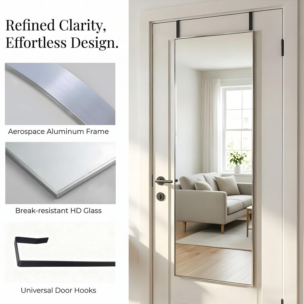 48" x 14" Over The Door Mirror, Silver Full Length Hanging Mirror