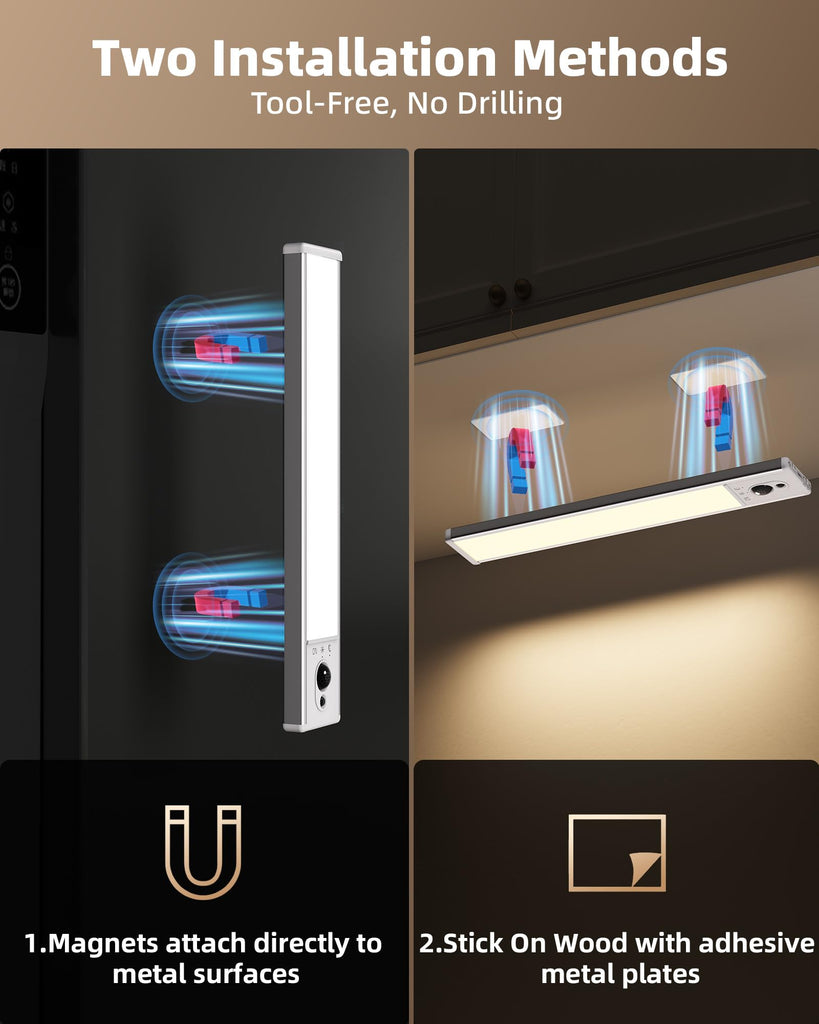 Under Cabinet Lighting with Charging Station, Rechargeable Motion Sensor Light Indoor, Dimmable Closet Lights