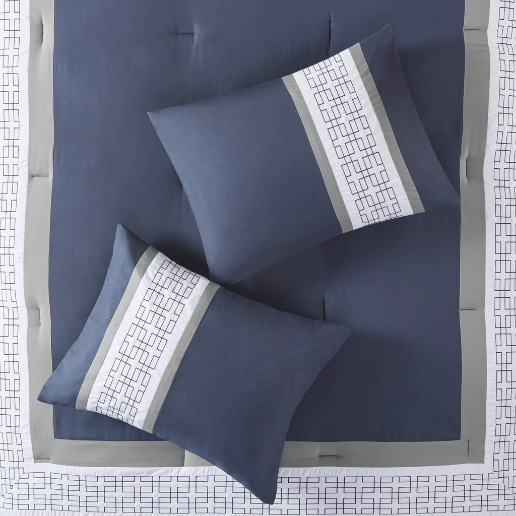 Powell Cozy Comforter Set, Hotel Style Border Design with Geometric Embroidery Details, All Season Bedding with