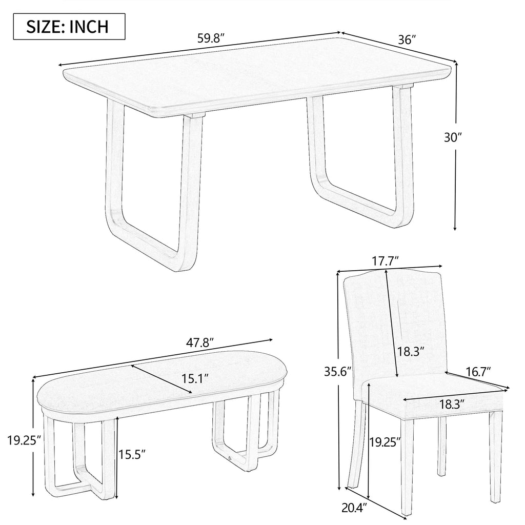 Vintage 6 Piece Dining Table Set with 4 Upholstered Chairs and 1 Double Upholstered Bench w/Foam Covered Back & Seat