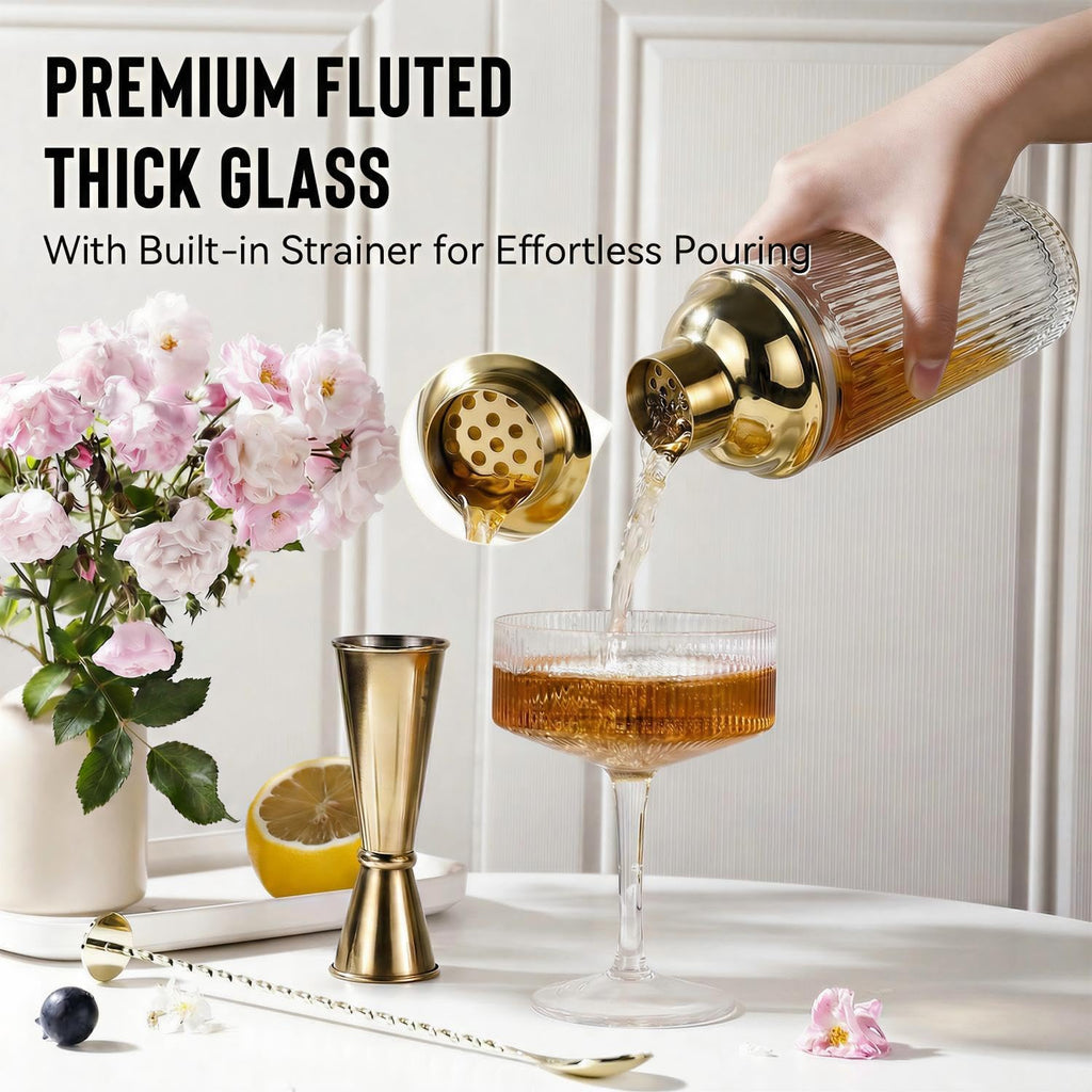 Gold Cocktail Shaker Set | 160oz Fashion Bartender Kit with Elegant Coupe Glasses, Gold Jigger, Mixing Spoon - Set of 3