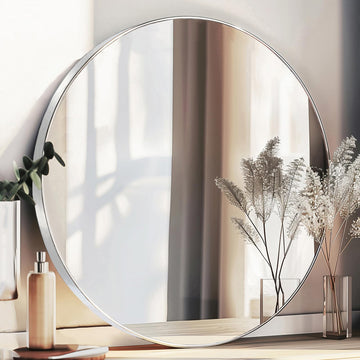 Round Mirror 22 inch, Nickel Bathroom Mirror, Brushed Metal Frame