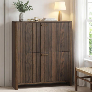 Shoe Cabinet with 2 Flip Drawers, 31.5 Inch Narrow Fluted Shoe Organizer with Gradient Wood Strips Door Hallway