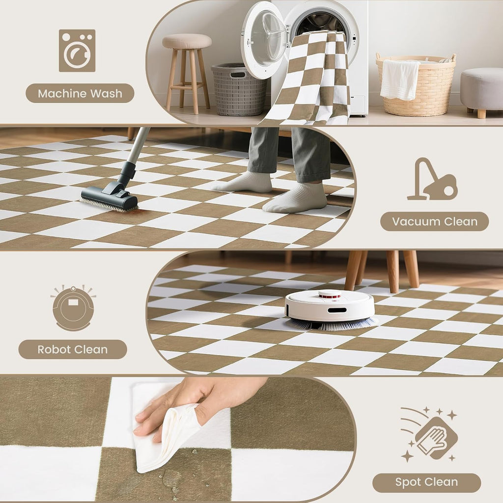 Washable Checkered Rug, 5x7 ft Beige and White Rug, Low Pile Area Rugs with Non-Slip Backing Playroom Classroom