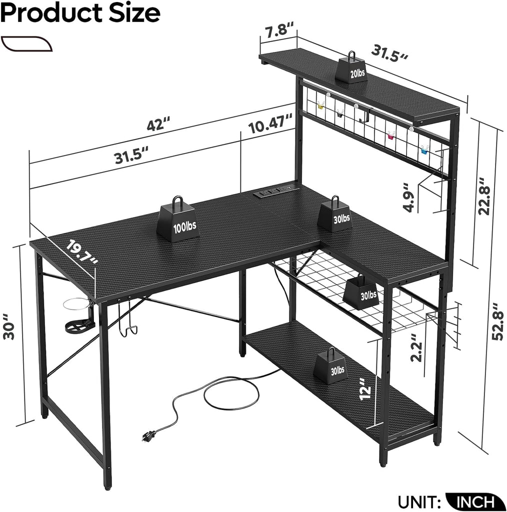42" L Gaming Desk with Power Outlets LED Lights, Carbon Fiber Black | Reversible Design, LED Lights, Power Outlets