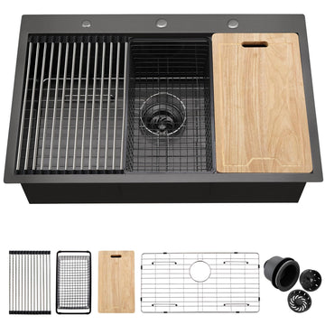 33 Drop In Black Workstation Kitchen Sink, 33 x 22 x 10 Inches 16 Gauge Black Stainless Steel Single Bowl Topmount