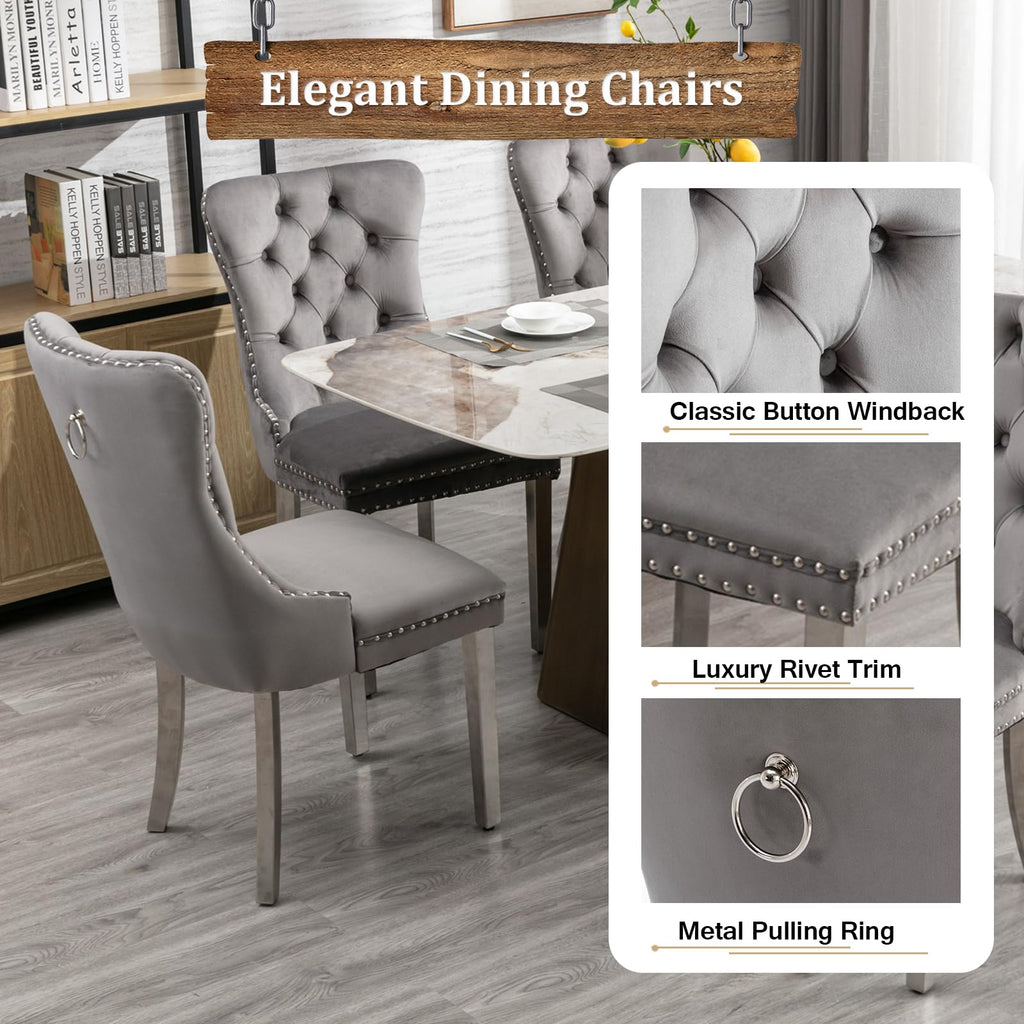 94.5" Large Marble Dining Table Set for 8, Luxury White Silver Kitchen Table with 8 Grey Velvet Tufted Chairs, Modern