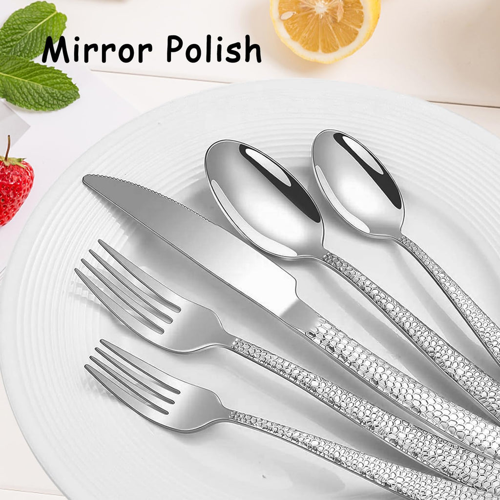 Hammered Silverware Set for 2, 10 Pieces Stainless Steel Luxury Flatware Set, Cutlery Tableware Set, Kitchen Utensils