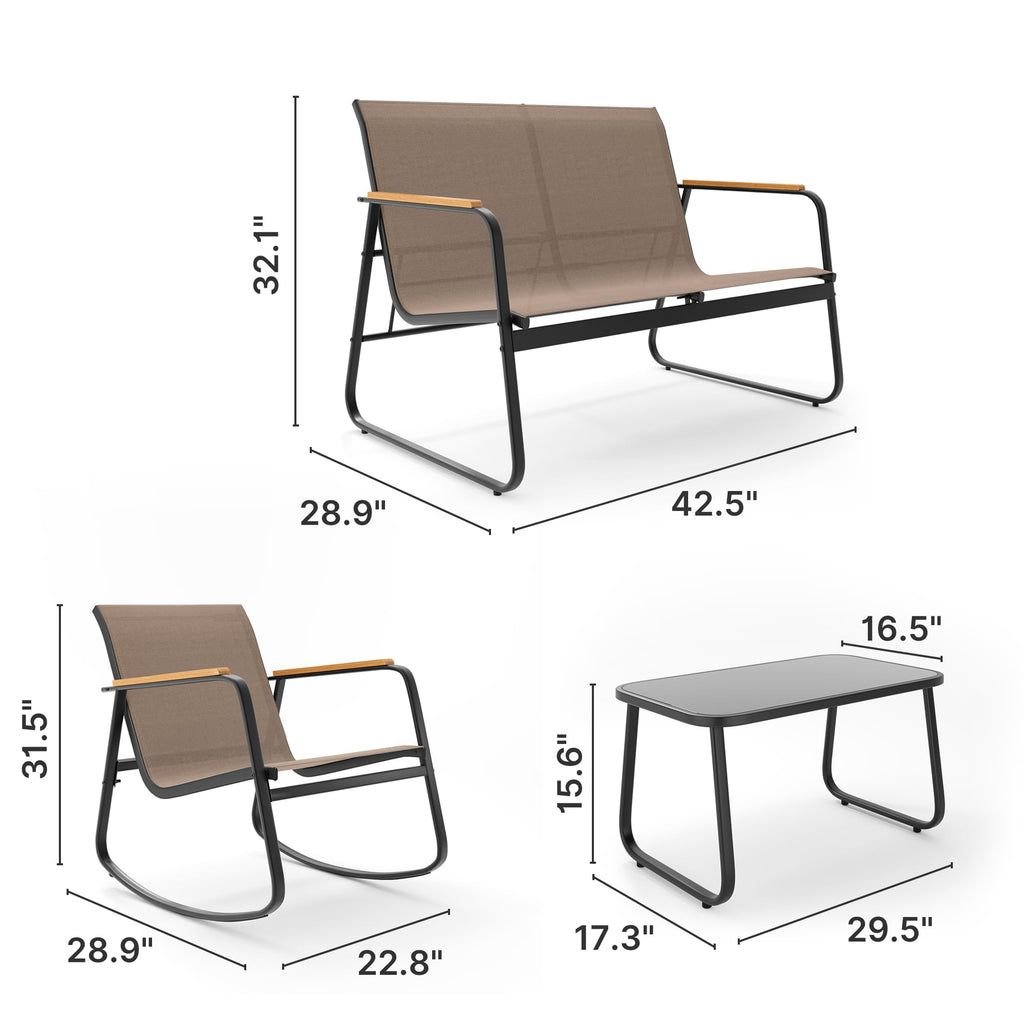 4-Piece Textilene Outdoor Patio Furniture Set Rocking Bistro, Tan