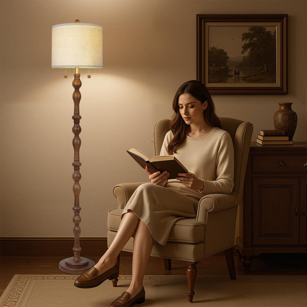 65.5" Natural Real Wood Floor Lamp with Dual Pull Chains Switch