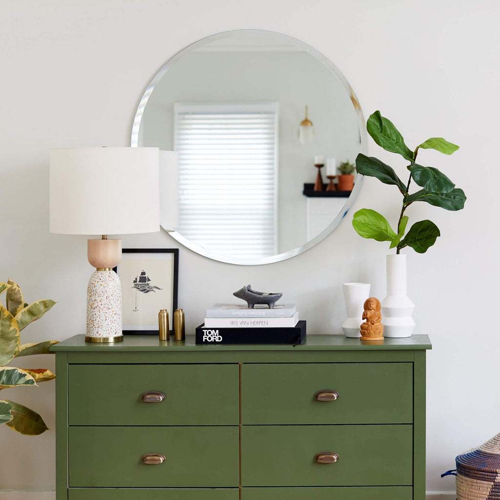 Frameless Round Circle Mirror | 24" x 24" Bathroom Wall Mirror w/Beveled Edge | UltraFlush Hanging System