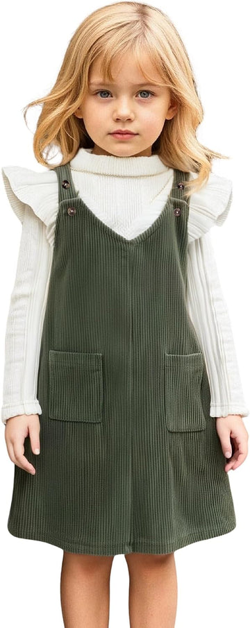Toddler Girl V Neck Corduroy Pinafore Overall Dress Set 2-7 Years