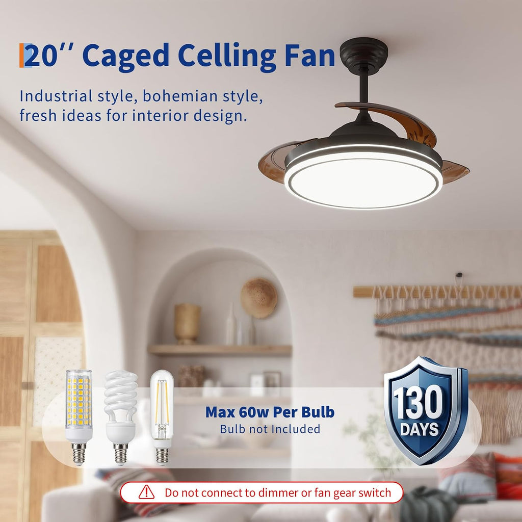 42 Inch Retractable Ceiling Fan with Lights and Remote Control - Invisible Blades Low Profile Ceiling Fan with 36W