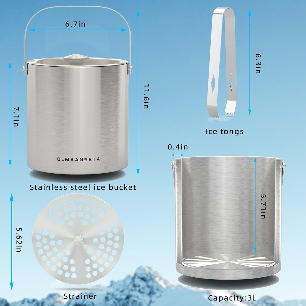 Stainless Steel Ice Bucket For Parties With Lid And Ice Tongs,Insulated Wine Bucket With Strainer Keeps Drinks Cold