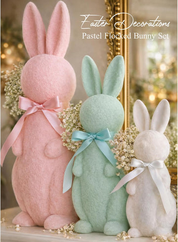 Easter Decorations - 3 Pack Pastel Flocked Bow-Tied Bunny Set (10", 13", 16") - Spring Table Centerpieces Decor - Set of 3