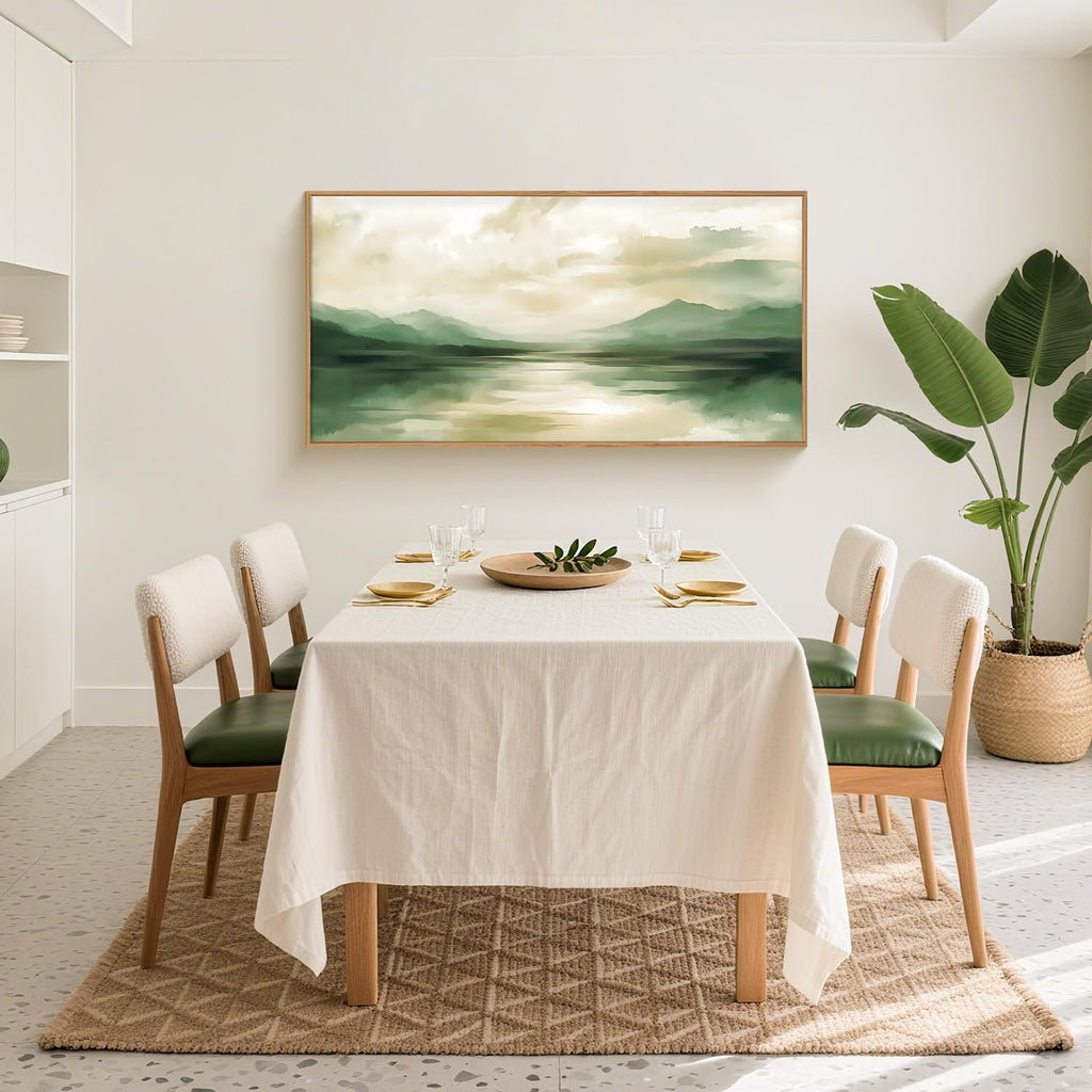 Sage Green Abstract Canvas Wall Art Set of 3, Framed Beige White Landscape Painting, Neutral Watercolor Mountain
