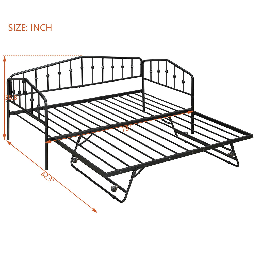 Daybed with Trundle, Metal Daybed with Vintage Headboard, to Extendable Bed Frame, No Box Spring