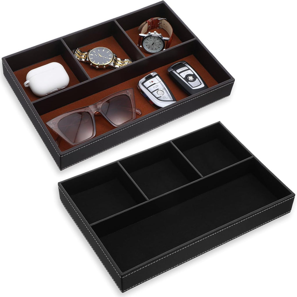 Leather Valet Tray for Men - Premium PU Leather Desk & Nightstand Organizer, Stackable Storage Tray for Keys - Set of 2