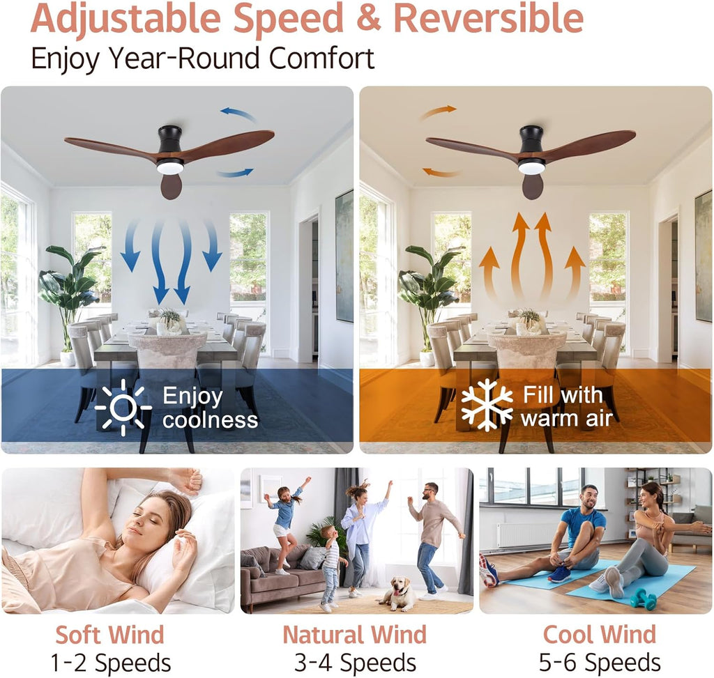52 Inch Inspired Maverick Style Low Profile Smart Ceiling Hugger Fan with LED Light & Remote - Flush Mount, Solid Wood Blades, 6-Speed - Black