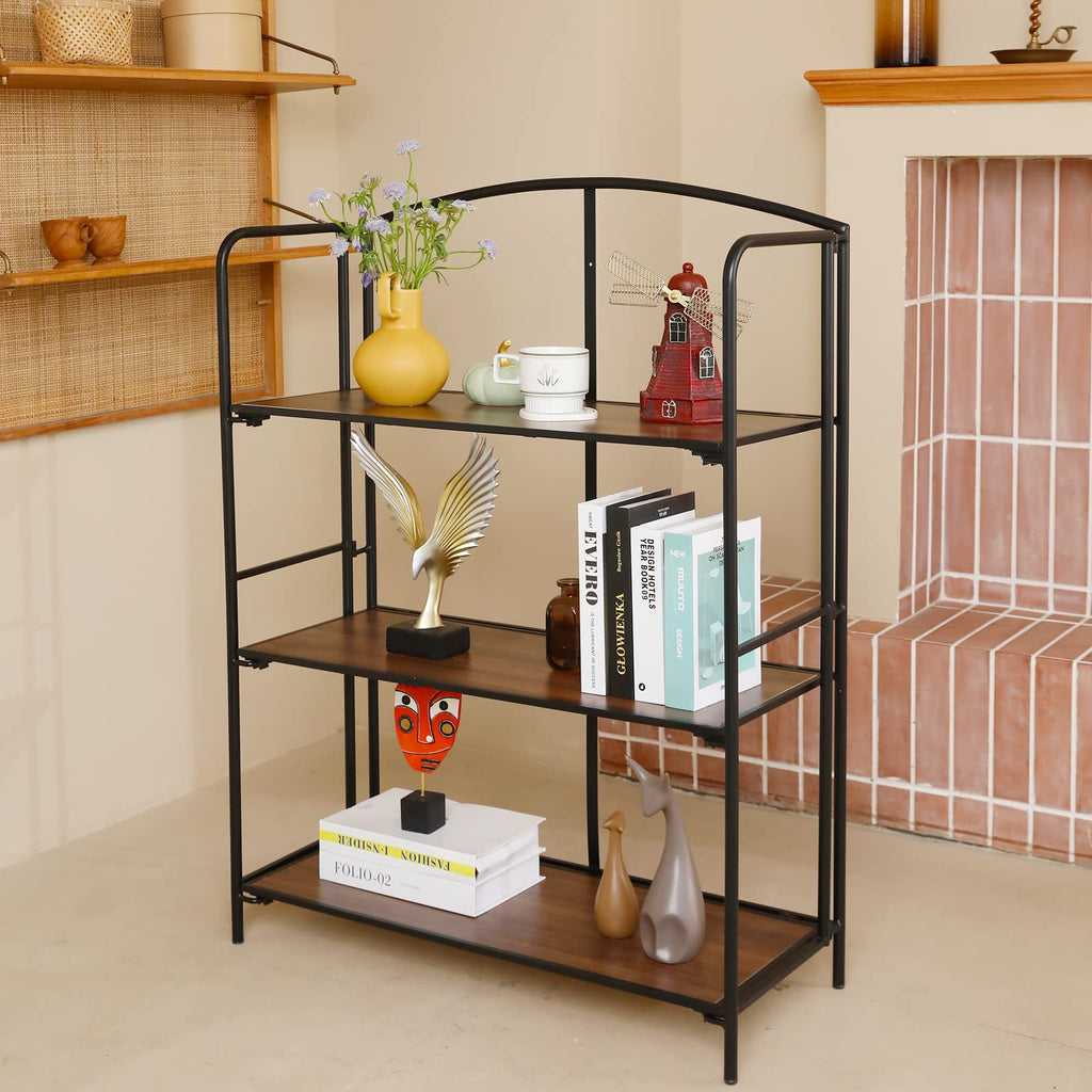 3-Tier Wider Foldable Bookshelf, Black Frame & Walnut Shelves