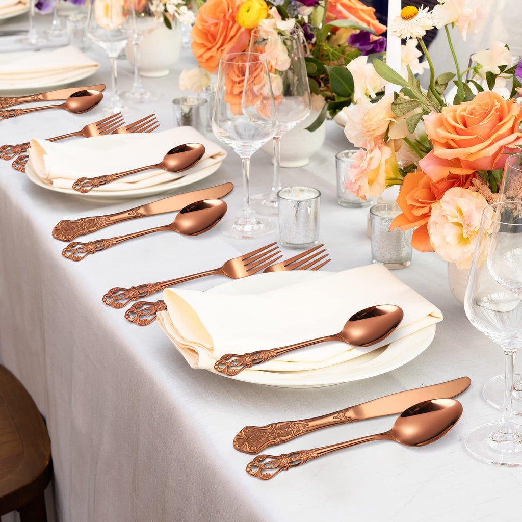 Royal Flatware Set for 4 Copper/Rose Gold Silverware Stainless Steel Cutlery 20 Piece With Vintage Relief Deisgn