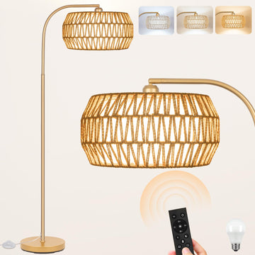 Boho Gold Farmhouse Floor Lamp- Rattan Lamp with Remote and Bulb