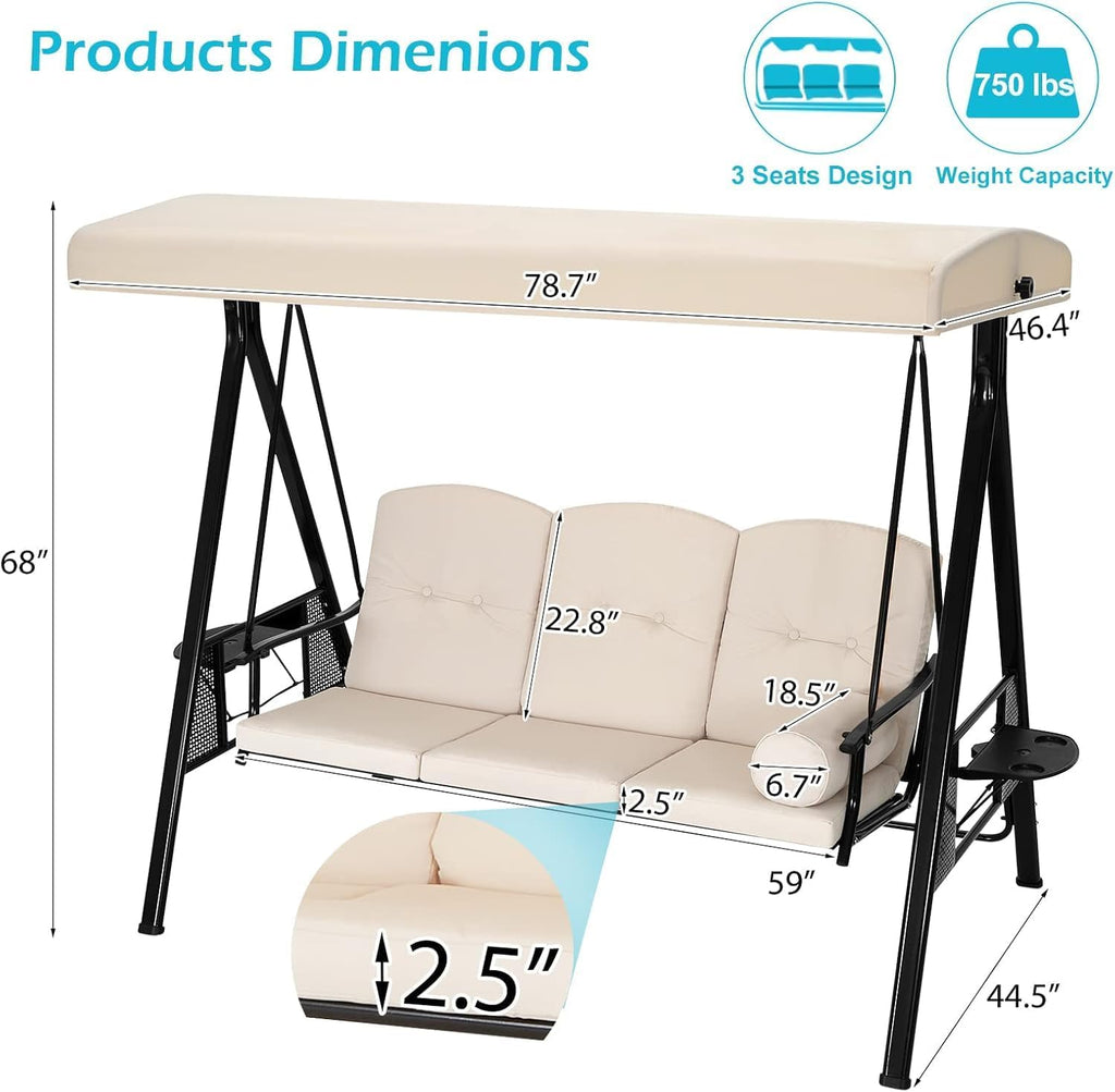 Outdoor Porch Swing, 3-Seat Porch Swing with Adjustable Canopy, Outdoor Swings for Adult with Beige Removable