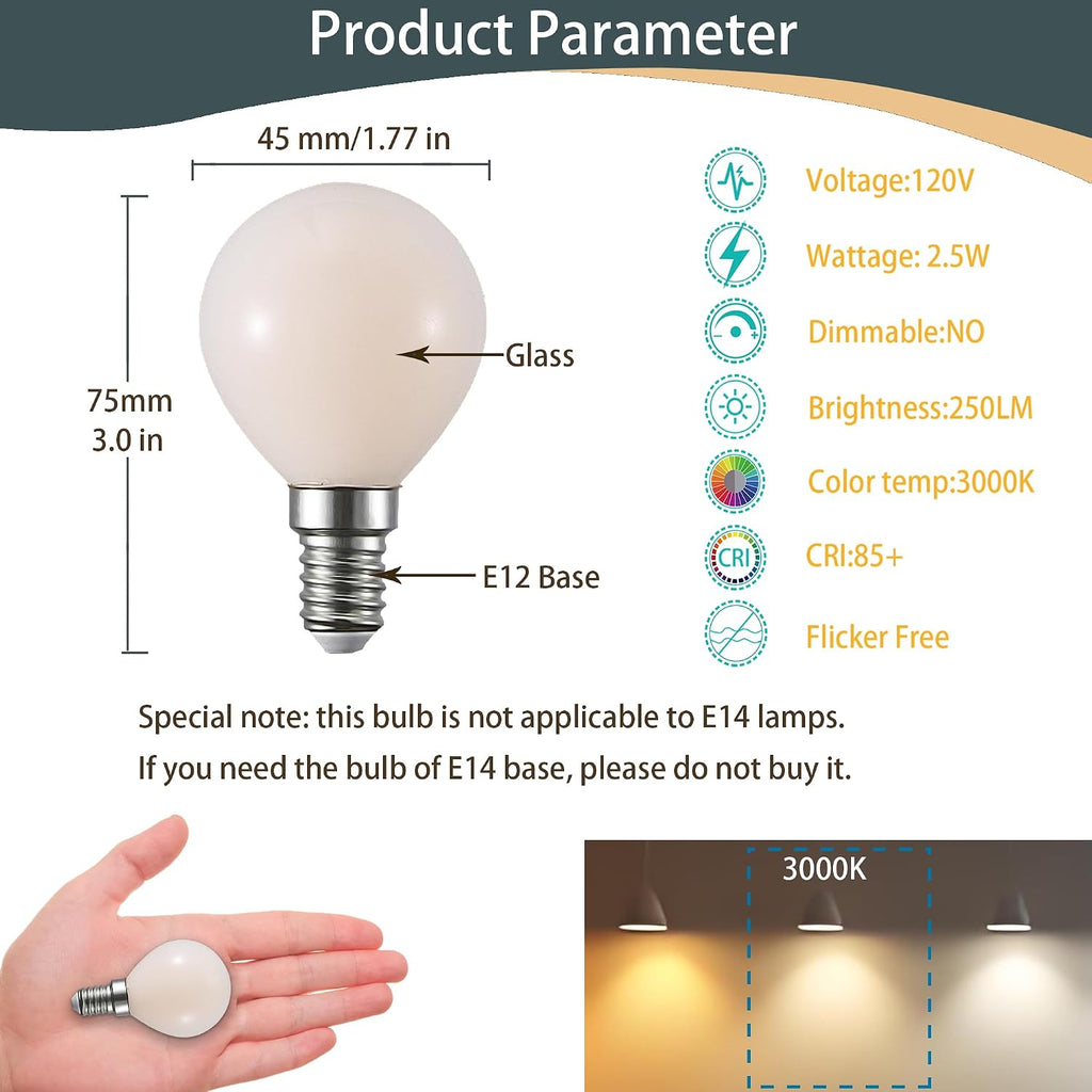 E12 LED Light Bulb, 2.5W Small Globe Bulb, 6-Pack (3000K)