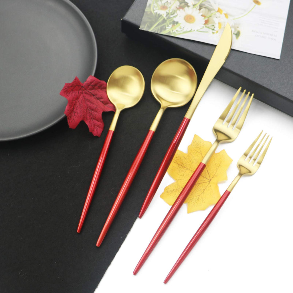 Luxury 18/10 Red Handle Flatware Gold Silverware Set 304 Stainless Steel Flatware Cutlery Set| 5-Piece Adaline Royal