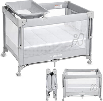 Pack and Play, Baby Bassinet Bedside Crib with Changer, Grey | One-push setup, mattress, breathable mesh, adjustable