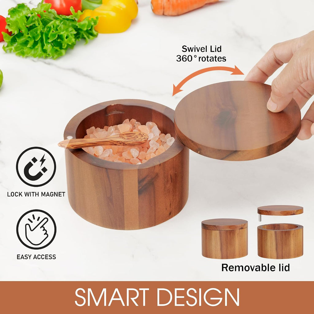 Acacia Wood Salt Cellar with Spoon, 9 oz Salt Box with Swivel Lid