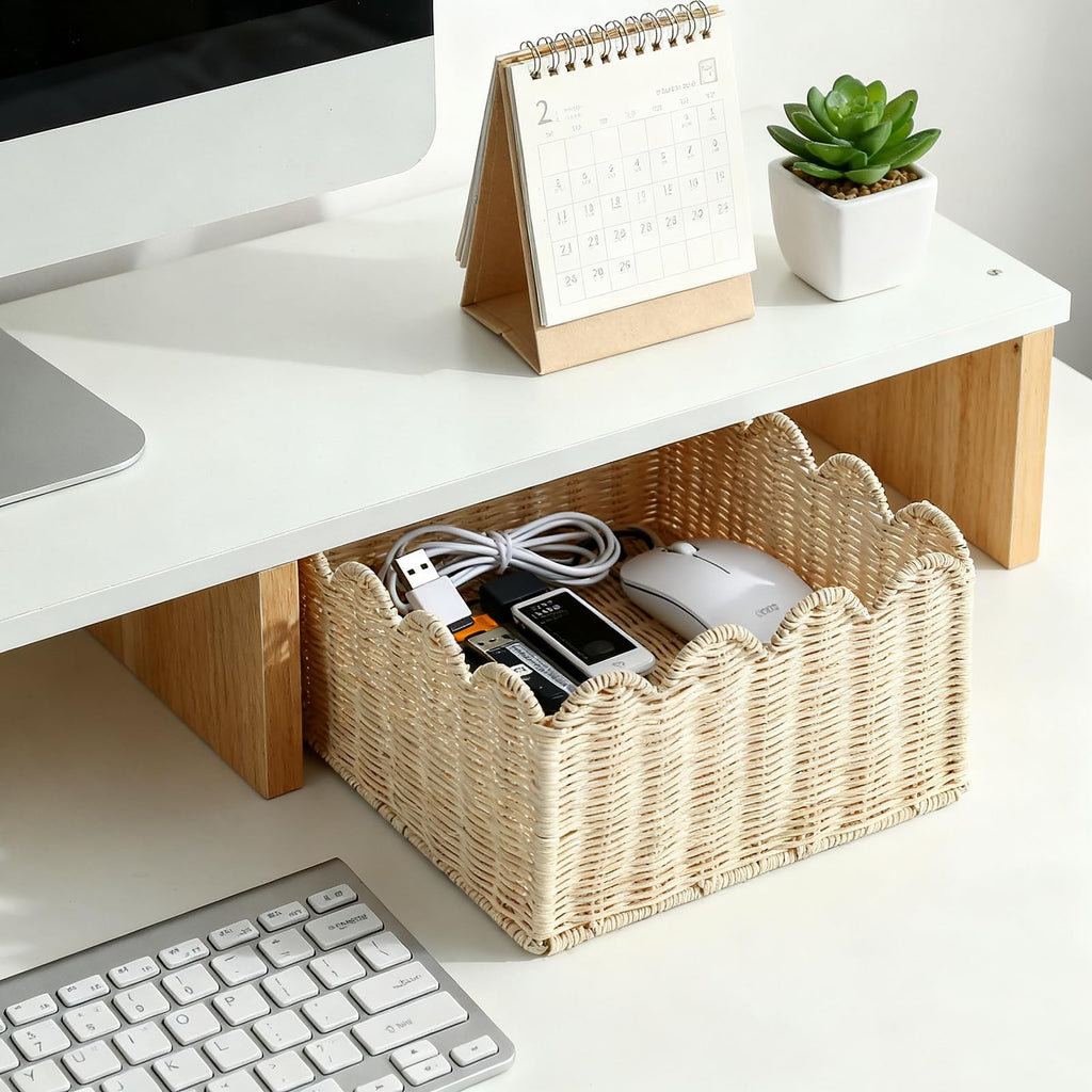 Scalloped Basket, Wicker Storage Baskets, Hand Woven Baskets for Shelves, Natural Baskets for Organizing