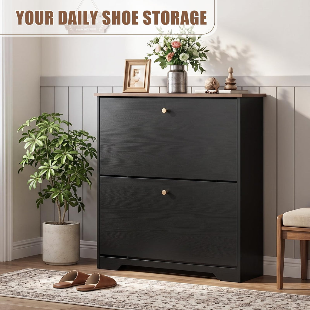 Shoe Cabinet, 2 Flip Drawers Slim Black Walnut Top Entry Storage