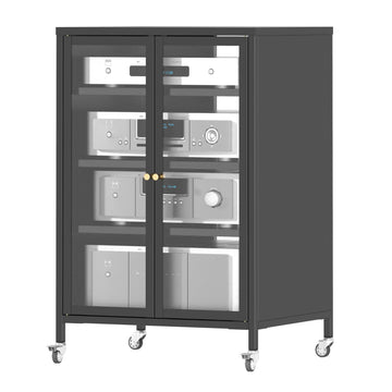 Stereo Cabinet with Wheels, Media Storage Cabinet with Doors, Audio Cabinets & AV Rack with 4 Adjustable Glass